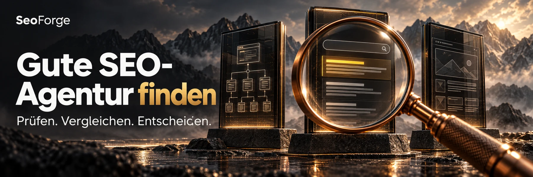 Kupferfarbene Lupe prüft drei Such- und Websiteansichten zur Auswahl einer SEO-Agentur.
