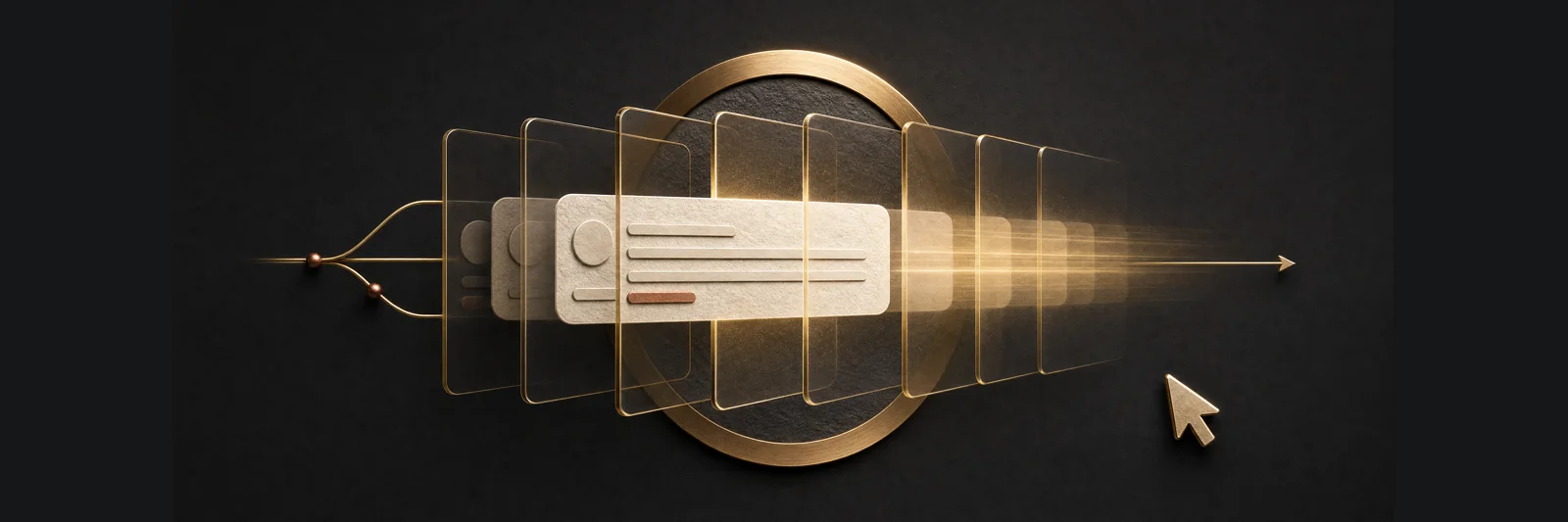 Mehrere goldgerahmte Darstellungsflächen als Symbol für Einblendungen.