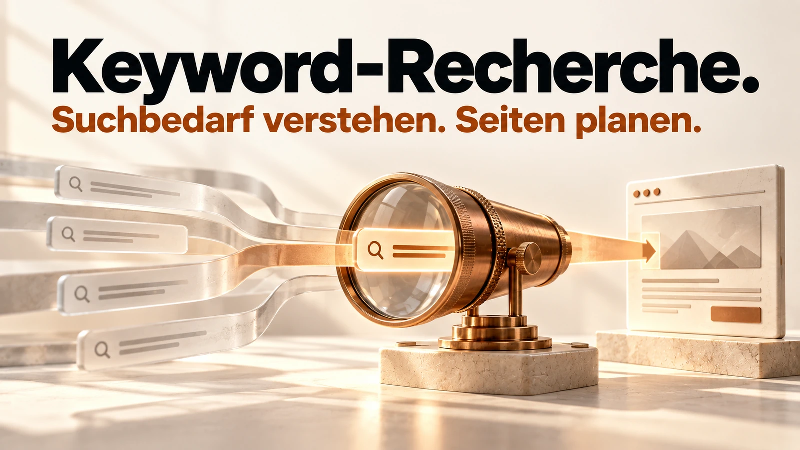 Illustration: Ein optisches Instrument prüft unterschiedliche Suchwege und richtet den Fokus auf ein passendes Seitenziel.