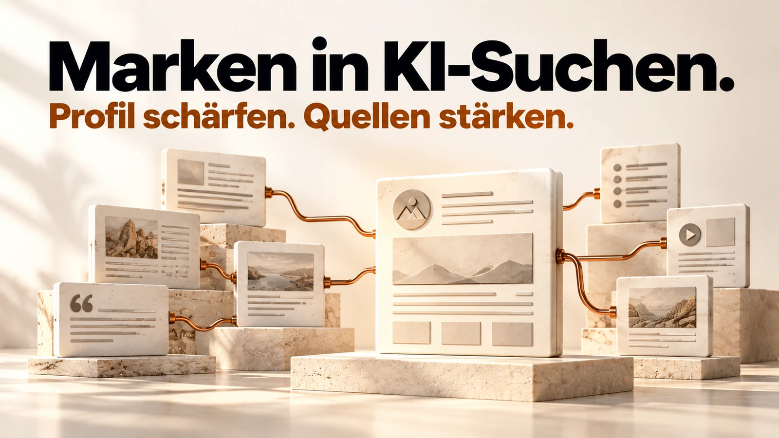 Illustration: Ein Unternehmensprofil ist in einer Antwort sichtbar und mit mehreren eigenständigen Quellen verbunden.