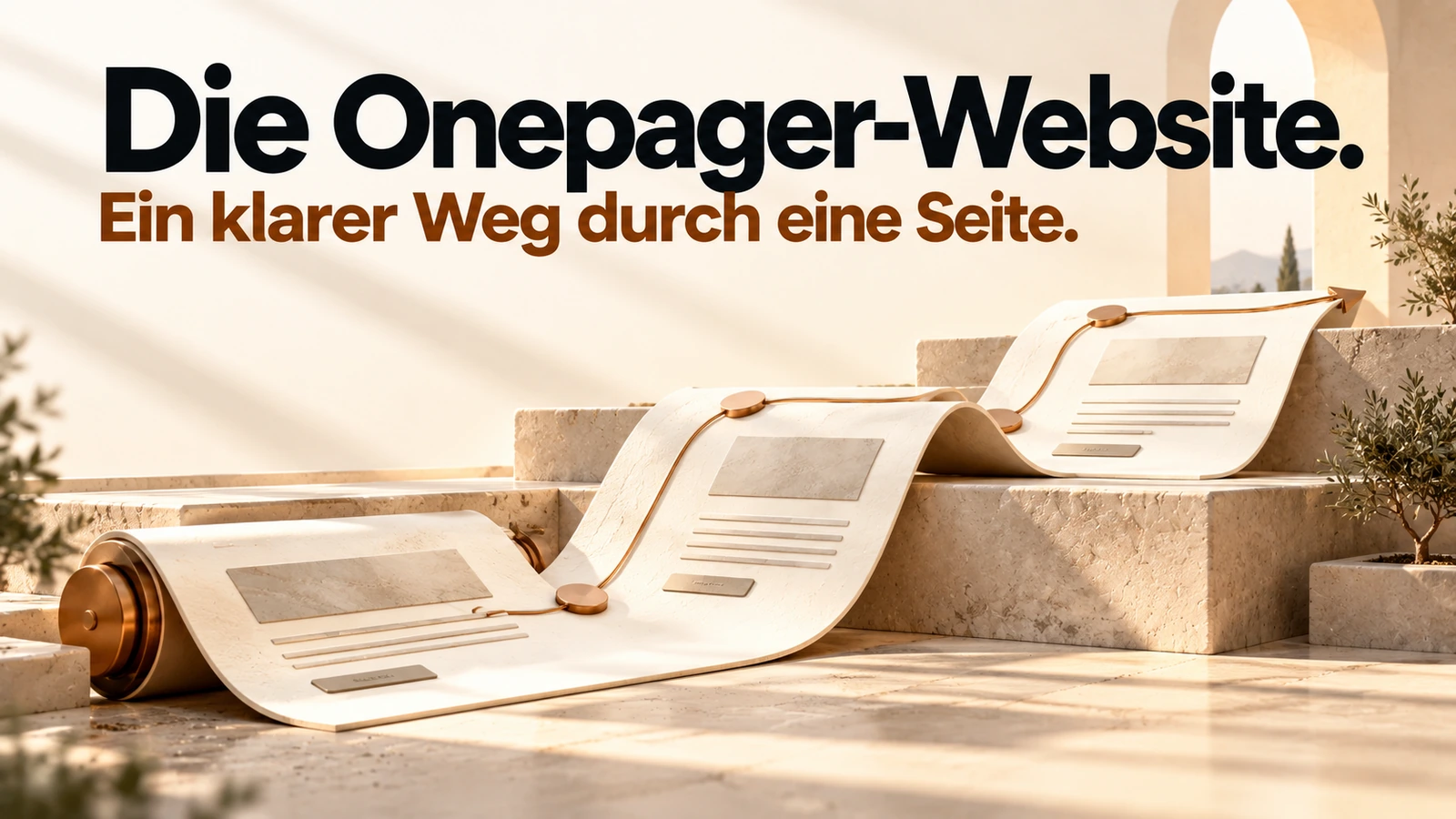Illustration: Ein zusammenhängendes Website-Band führt entlang eines einzigen Wegs durch mehrere Inhaltsabschnitte.