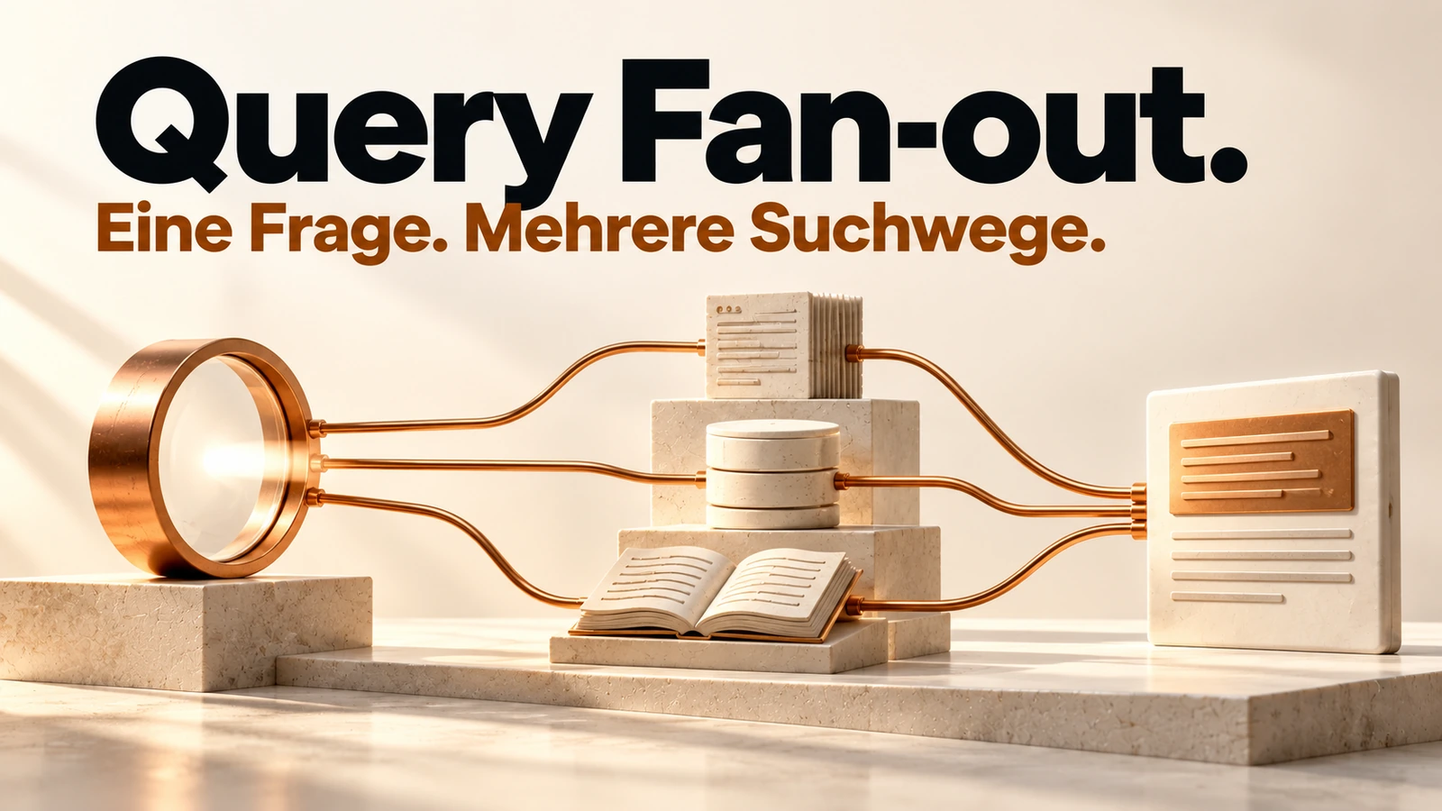 Illustration: Von einer Suchfrage führen mehrere verwandte Suchwege zu unterschiedlichen Quellen und einer gemeinsamen Antwort.