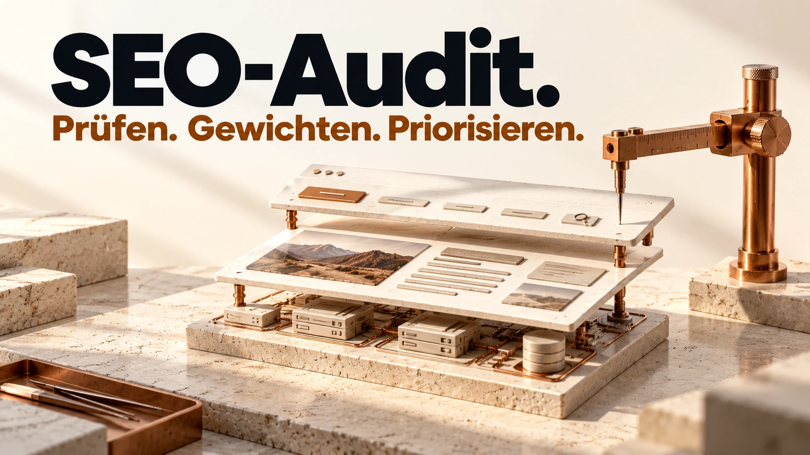 Illustration: Navigation, Inhalte und technische Basis einer Website werden als zusammengehörige Bauteile geprüft.