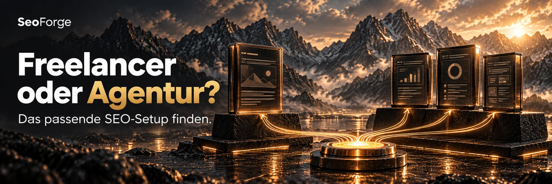 Einzelner Arbeitsplatz und vernetztes Team als Vergleich von Freelancer und SEO-Agentur.