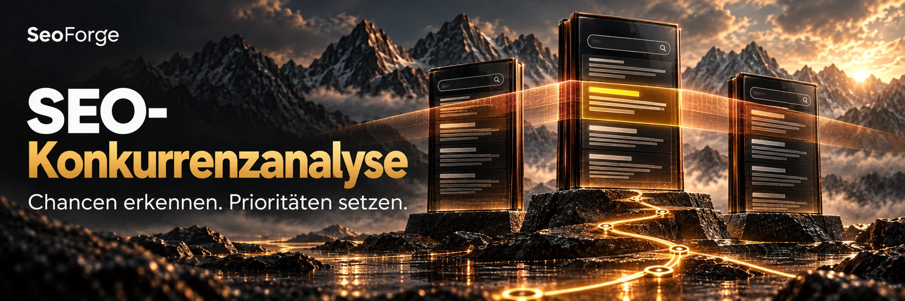 Kupferfarbener Scan vergleicht drei Suchergebnisansichten; ein goldener Pfad zeigt die Prioritäten.