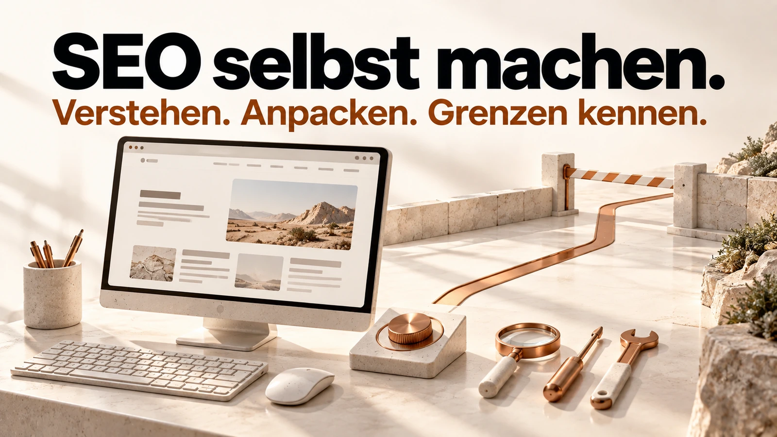 Illustration: Ein Website-Arbeitsplatz mit Werkzeugen und einem Kupferweg, der an einer Grenze endet.