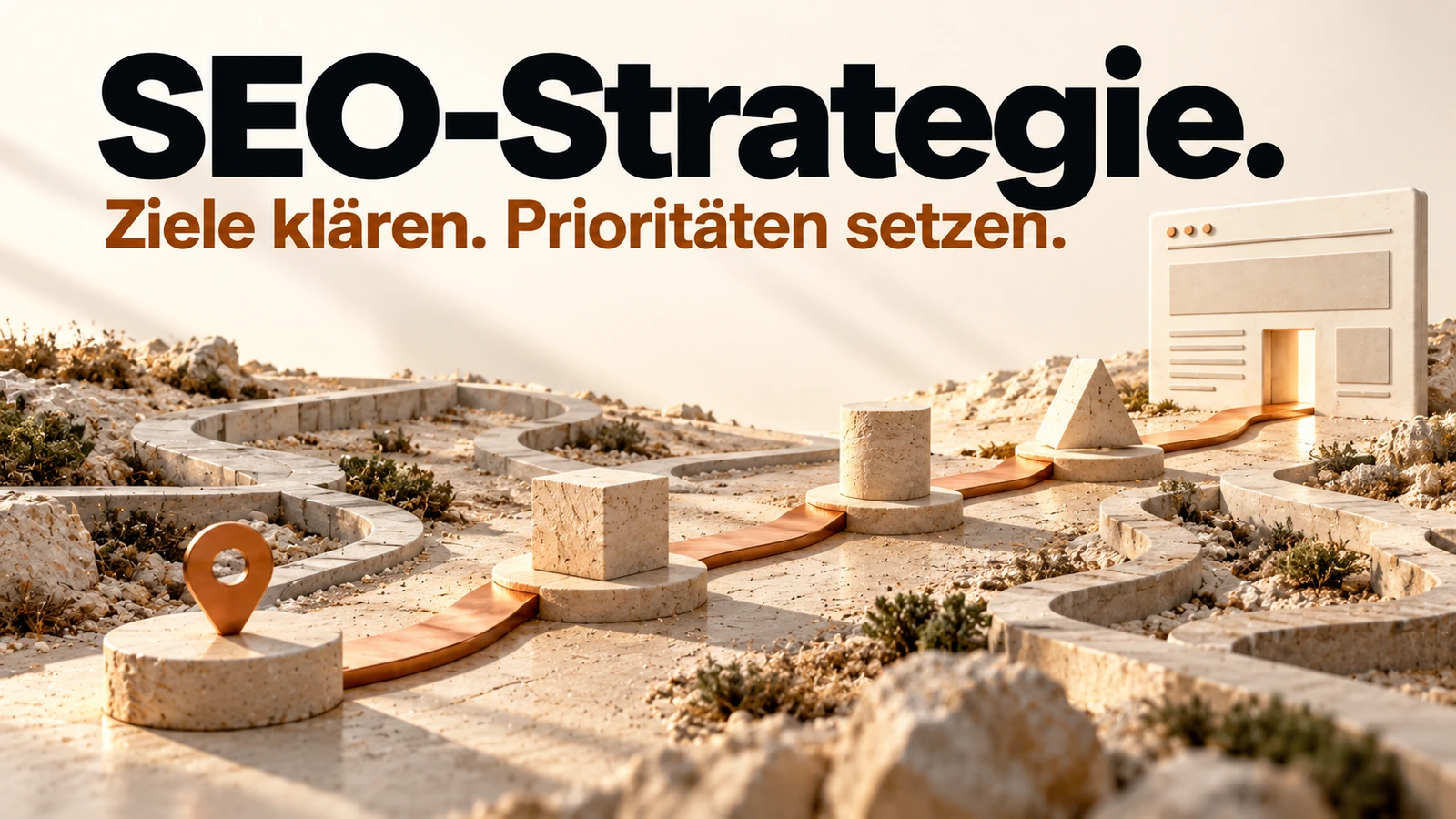 Illustration: Ein ausgewählter Kupferweg führt durch mehrere Arbeitsschritte zu einem Website-Ziel.