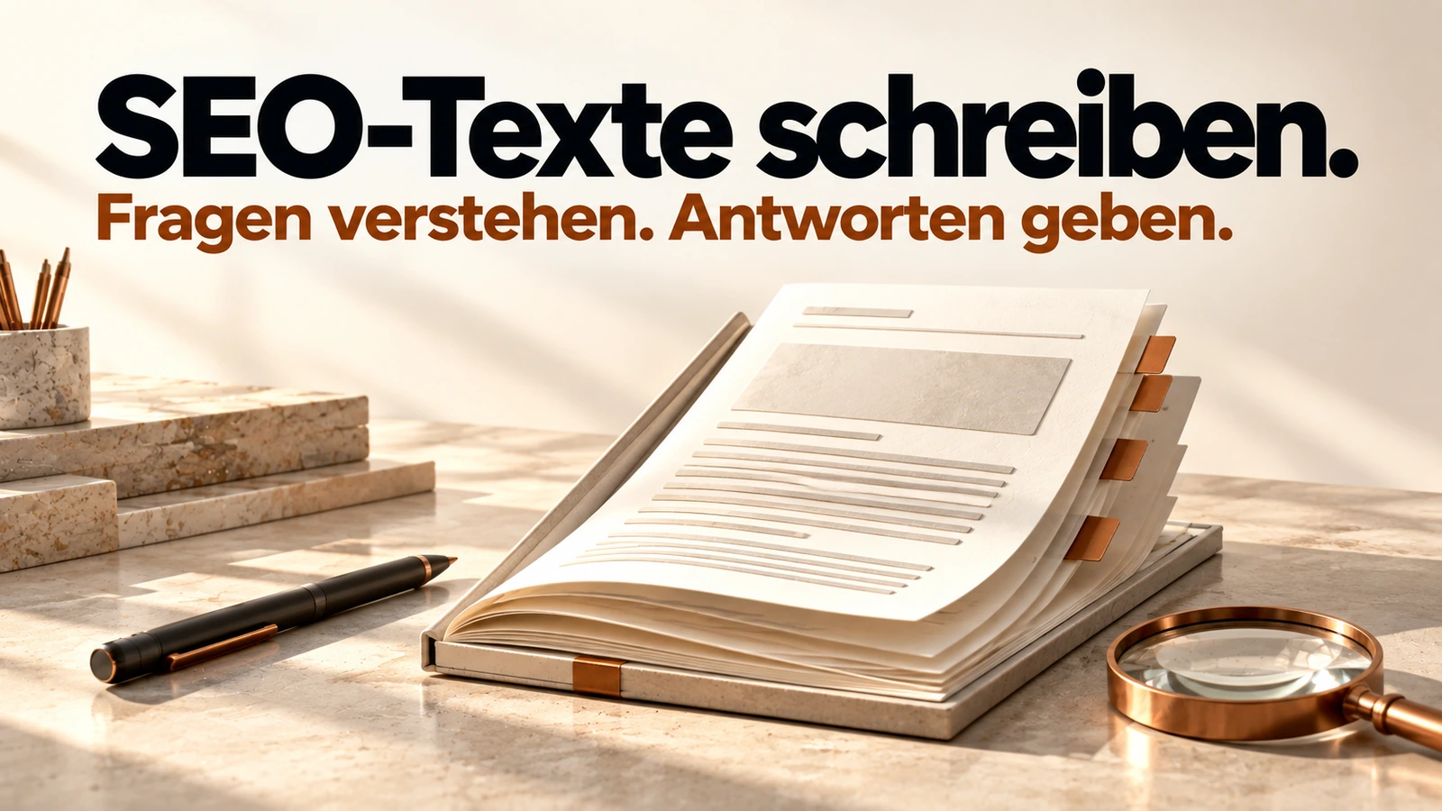 Illustration: Textbausteine ergeben eine strukturierte Artikelseite, die mit Schreib- und Prüfwerkzeugen bearbeitet wird.
