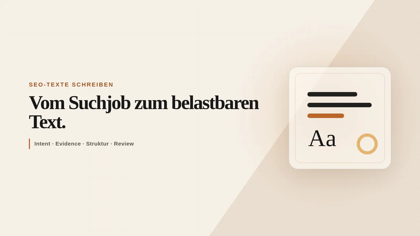 Editoriales Arbeitsblatt mit Textzeilen, Typografiezeichen und einer markierten Prüfstufe für einen SEO-Text