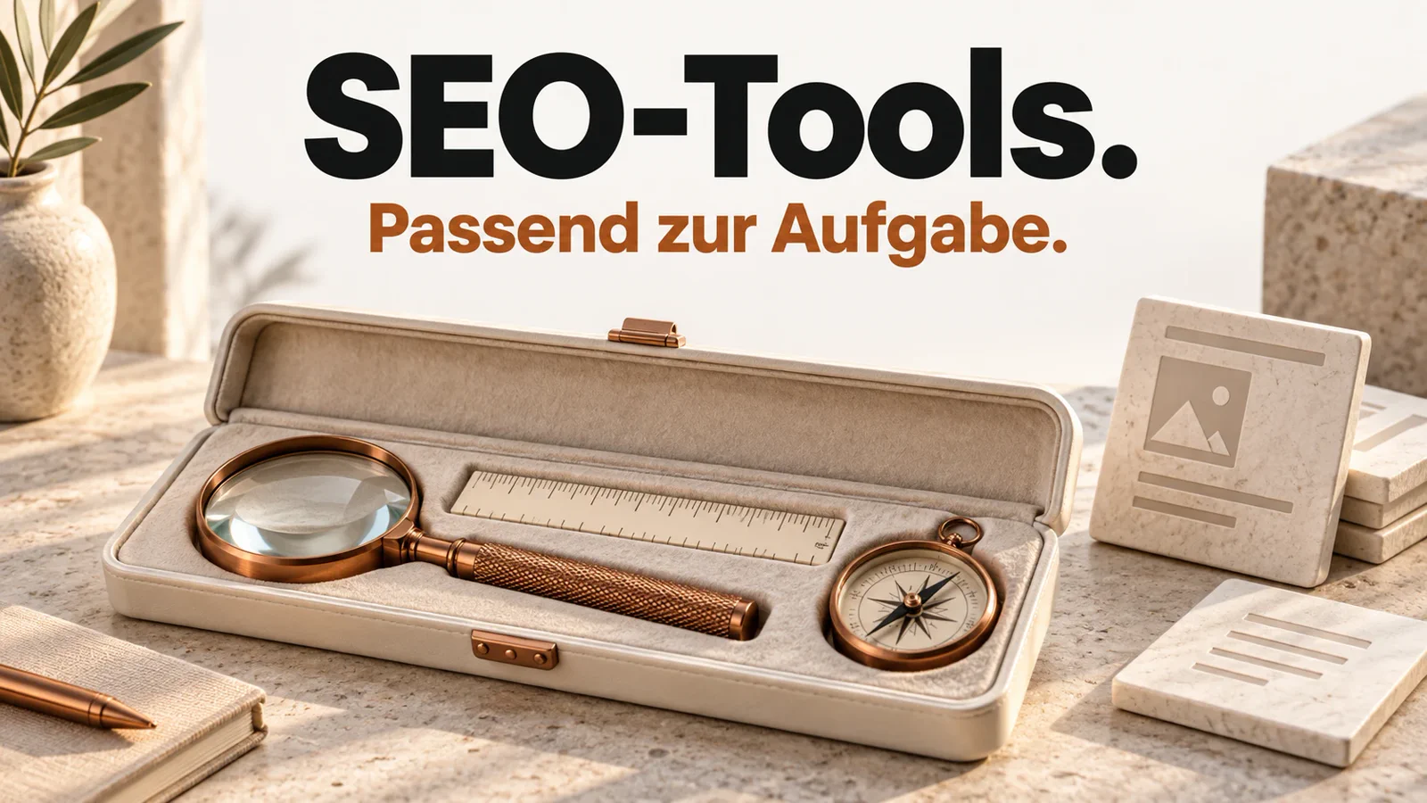 Ivoryfarbener Instrumentenkoffer mit Lupe, Lineal und Kompass als Motiv zur Auswahl von SEO-Tools.