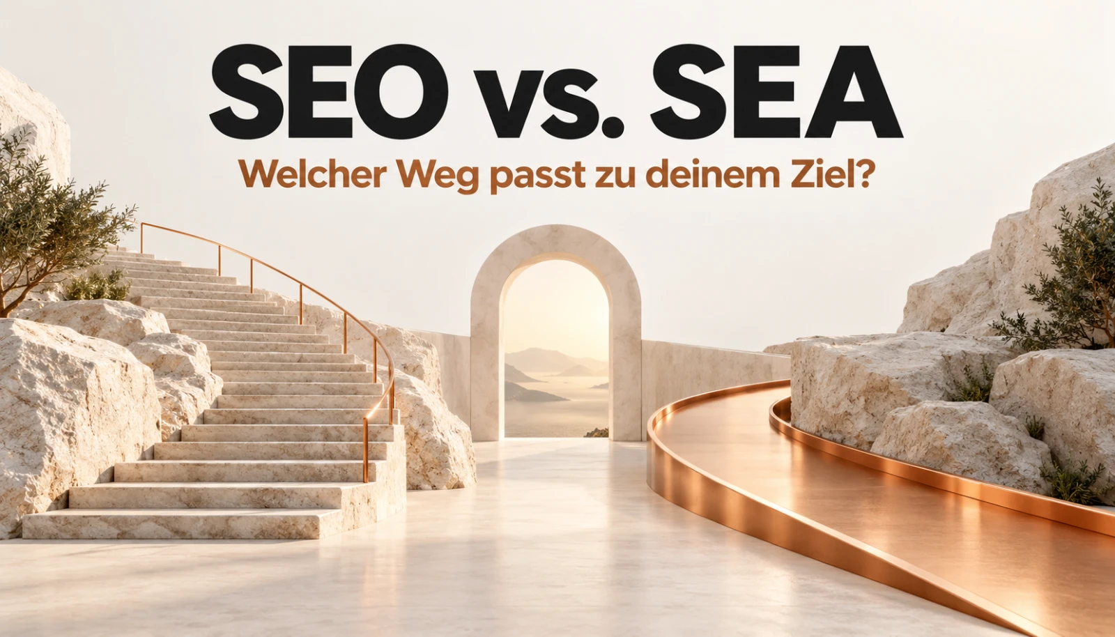 SEO vs. SEA: Ein heller Steinweg mit Treppen und eine kupferfarbene Route stehen für zwei Wege zum Suchmarketing-Ziel.