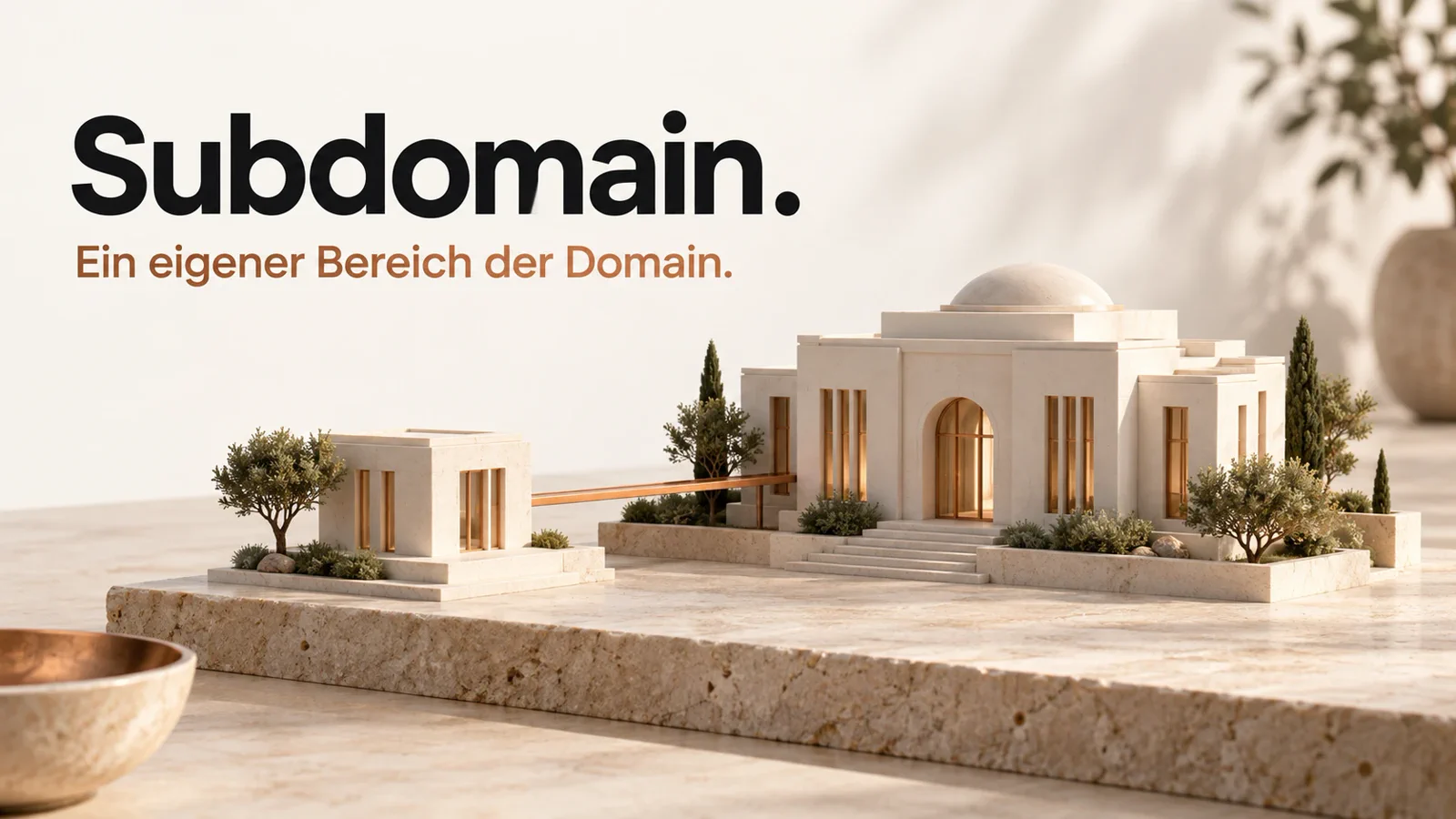 Ein kleiner ivoryfarbener Pavillon ist über einen kupfernen Weg mit einem Hauptgebäude verbunden.