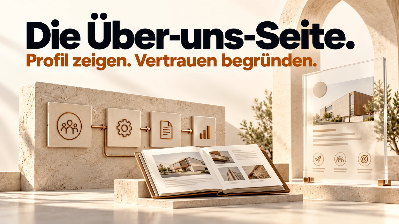 Illustration: Ein Unternehmensprofil wird mit Arbeitsablauf und nachvollziehbaren Arbeitsbeispielen verbunden.