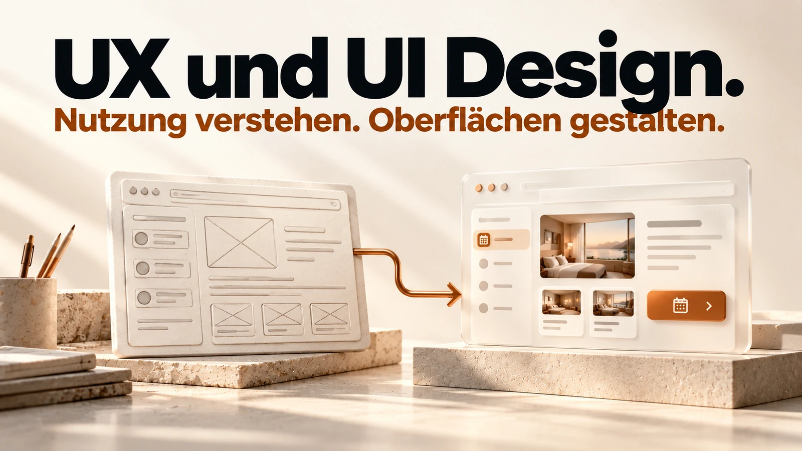 Illustration: Ein Strukturmodell und die gestaltete Oberfläche desselben Buchungsablaufs sind miteinander verbunden.