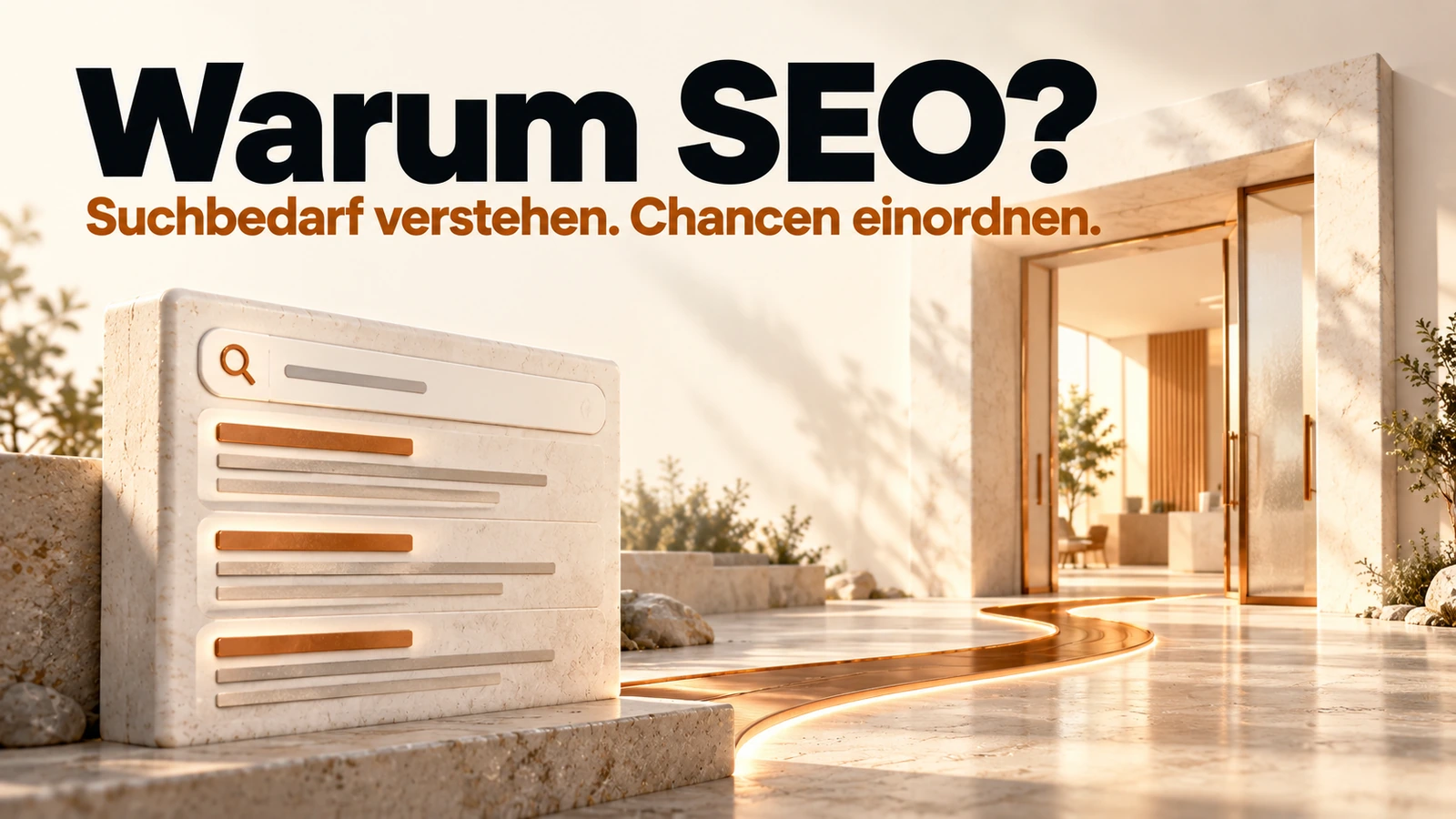 Illustration: Ein Suchweg führt von einem Suchergebnis zum Eingang eines beispielhaften Unternehmens.