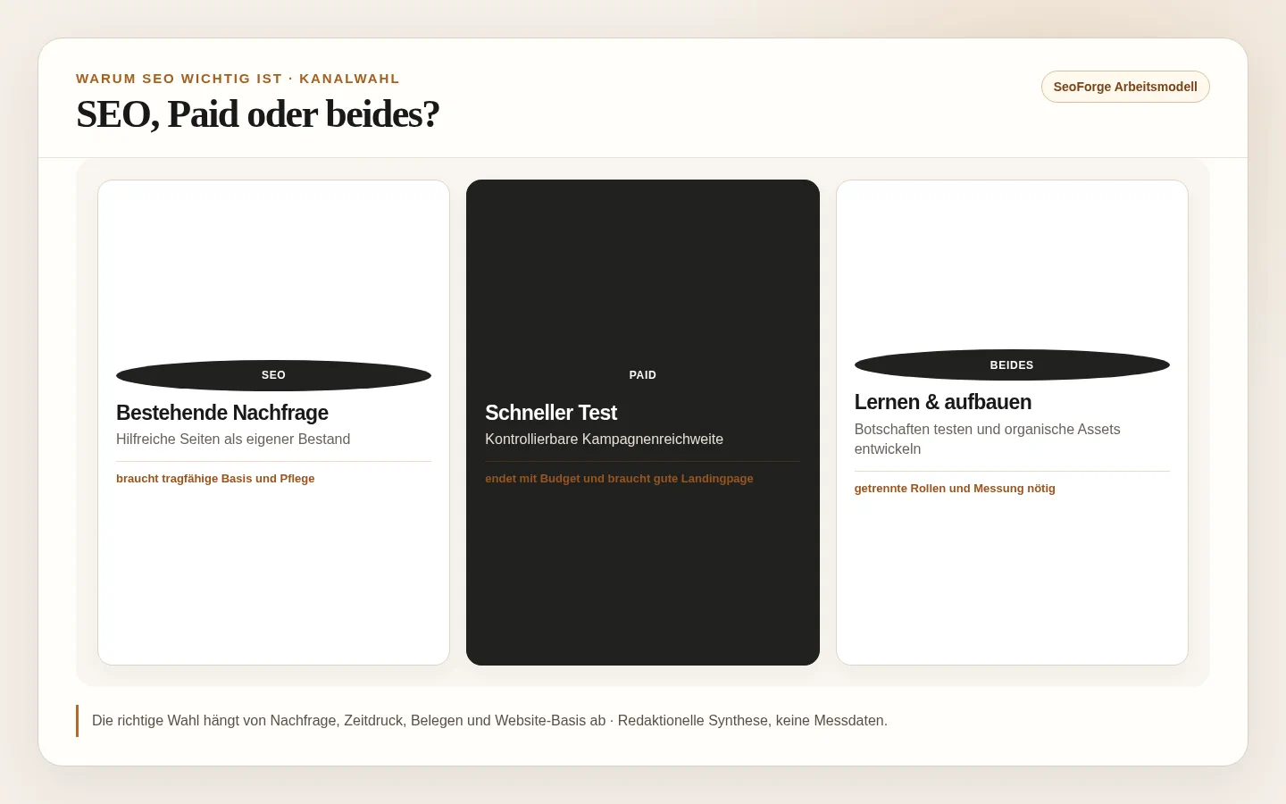 Entscheidungsmodell für SEO, bezahlte Suche oder eine Kombination anhand Nachfrage, Zeitdruck, Belegbarkeit und Website-Basis