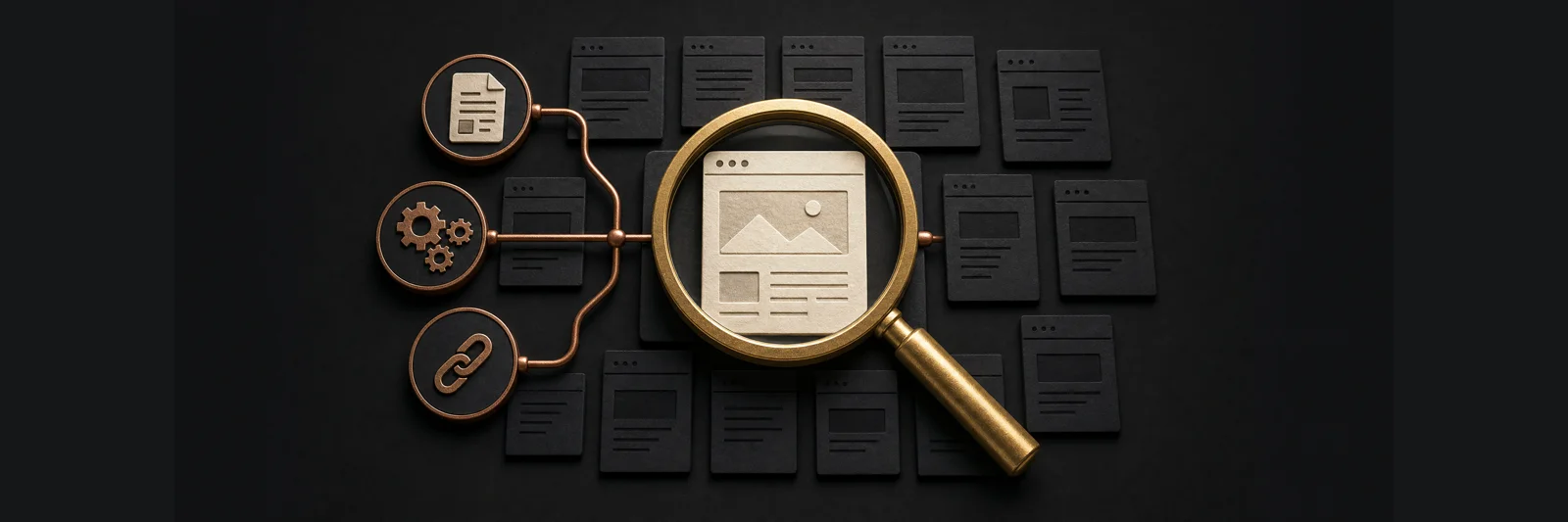 Goldene Suchlupe über schematischen Website- und Inhaltsflächen.