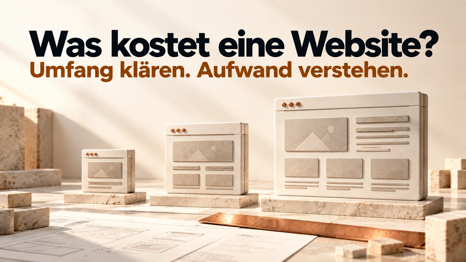 Illustration: Unterschiedlich umfangreiche Website-Bausteine werden auf einem Planungstisch betrachtet.