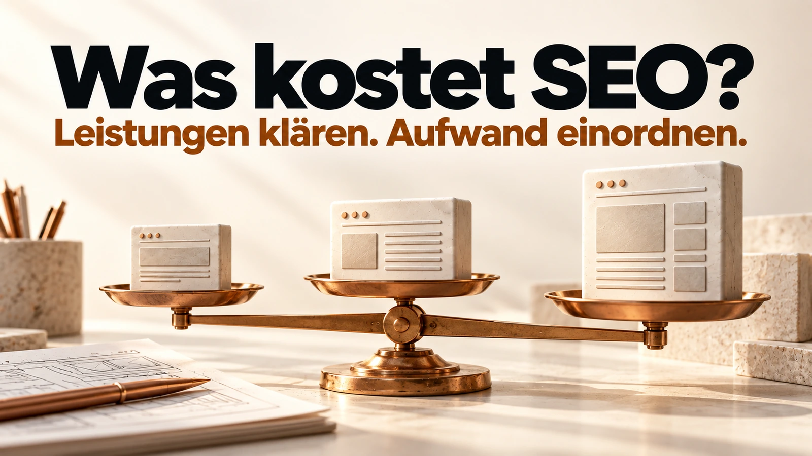 Illustration: Eine Kupferwaage vergleicht Website-Arbeitspakete mit unterschiedlichem Umfang.