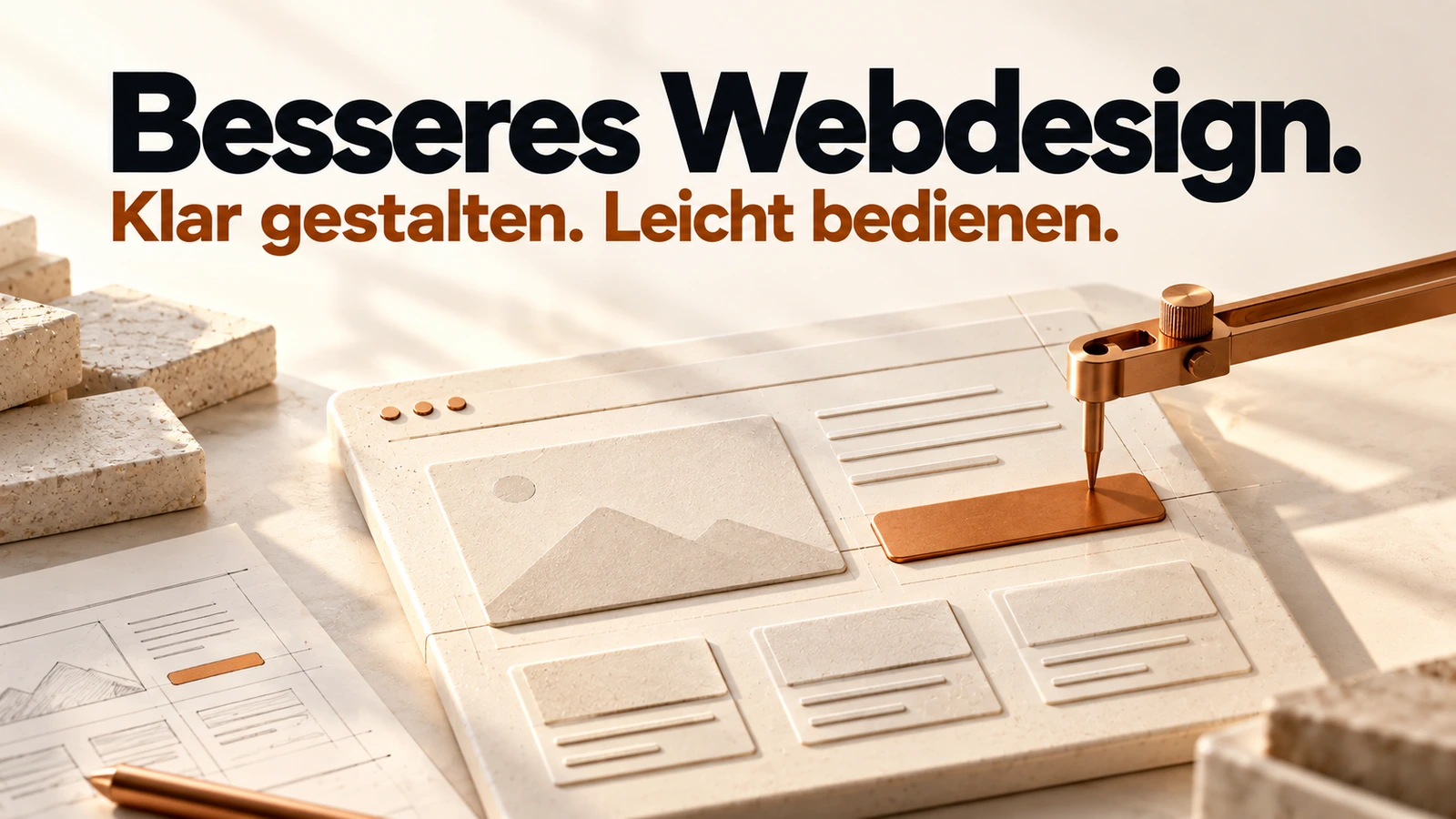 Illustration: Eine Website-Oberfläche wird mit einem Kupferwerkzeug an klaren Abständen und einer eindeutigen Aktion ausgerichtet.