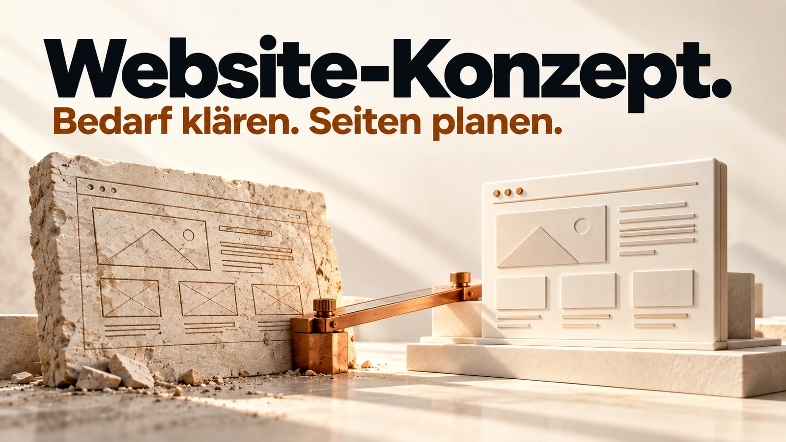 Illustration: Ein Website-Plan und ein daraus entwickeltes Seitenmodell sind durch ein Kupferlineal verbunden.