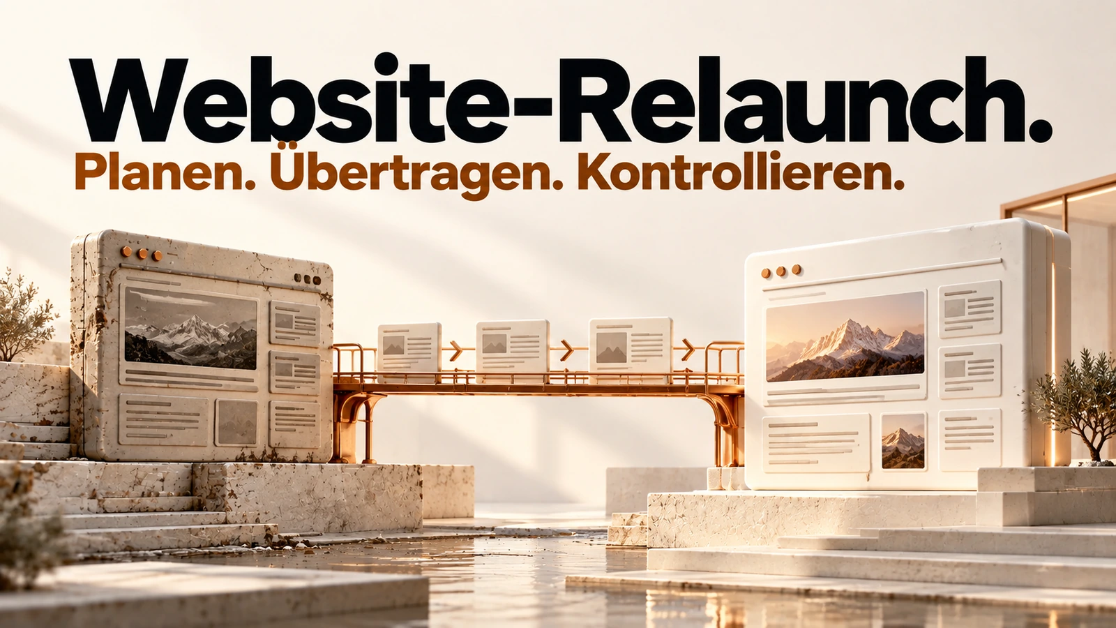 Illustration: Eine Kupferbrücke überträgt zusammengehörige Inhalte zwischen einer bestehenden und einer neuen Website.