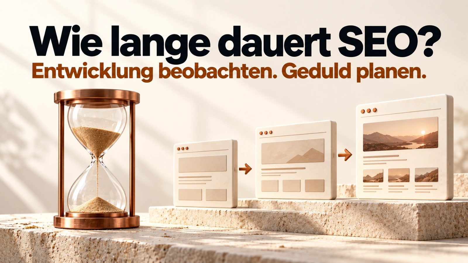 Illustration: Eine Sanduhr steht neben mehreren Entwicklungsstufen einer Website.